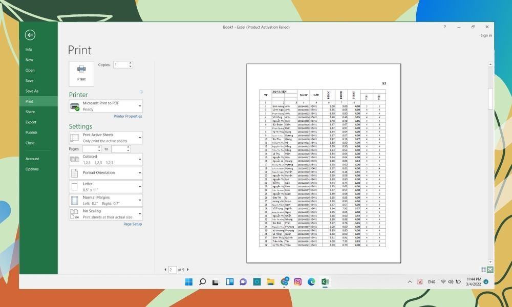 cách in excel vừa trang giấy a4