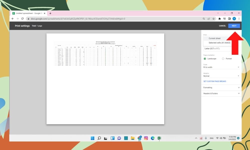 cách in excel vừa trang giấy a4 ngang