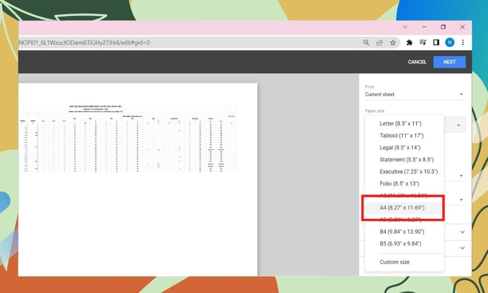 cách in excel vừa trang giấy a4