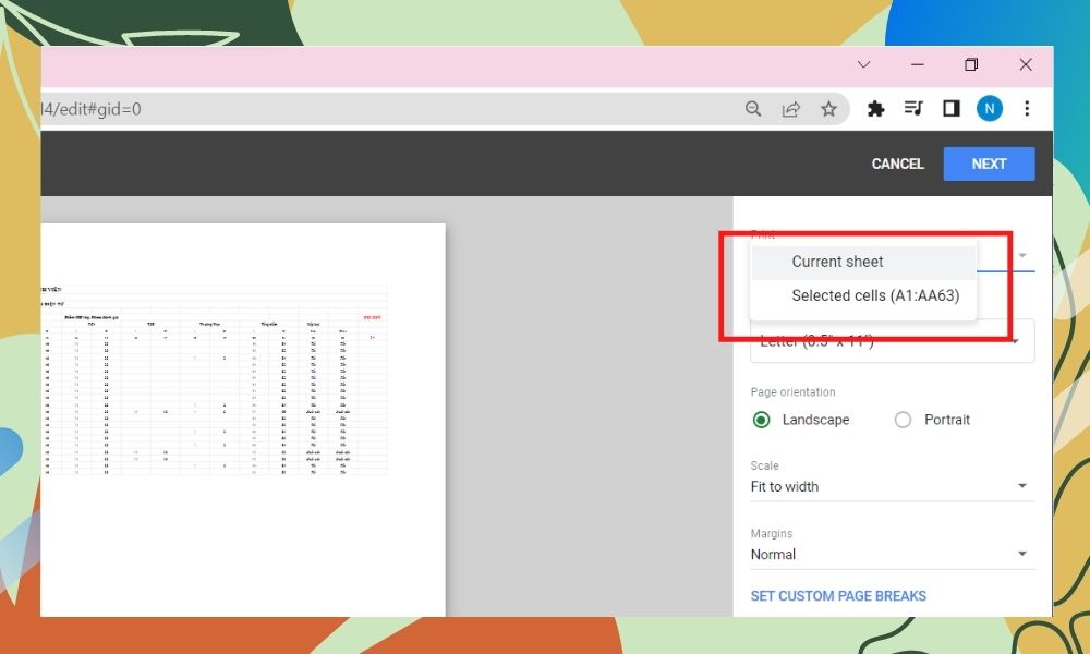 cách in vừa trang giấy a4 trong excel