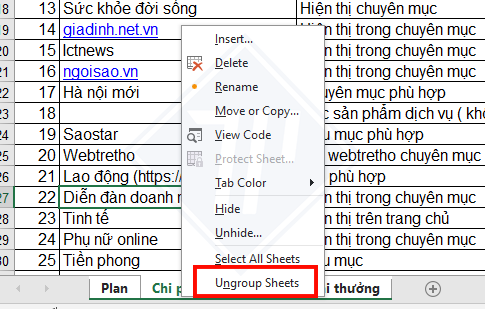 ungroup sheets bỏ chọn in nhiều sheet trong Excel