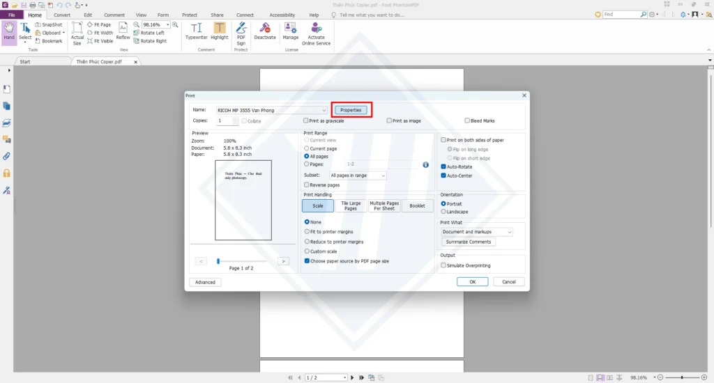 Cách in A5 trên giấy A4 trên file PDF chiều dọc