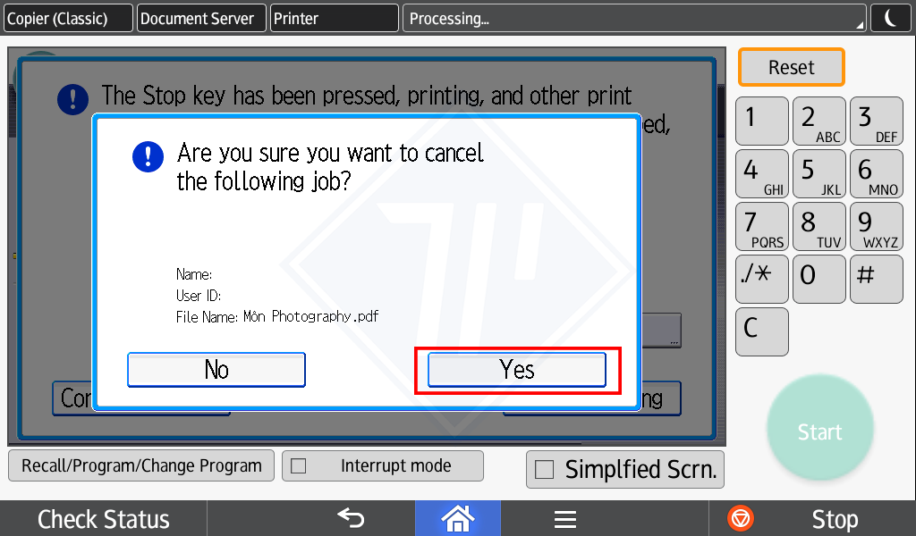 xoá lệnh in máy photo