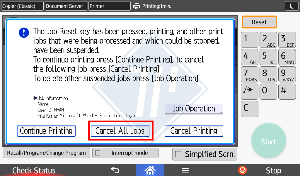 hủy lệnh in trên máy photocopy