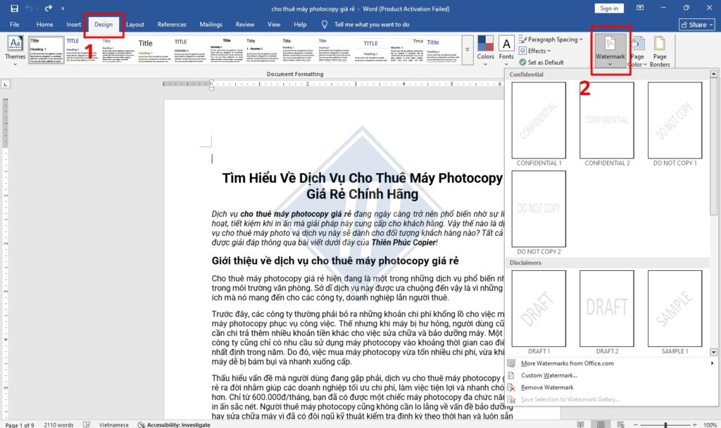 Chèn watermark tùy chỉnh trong Word
