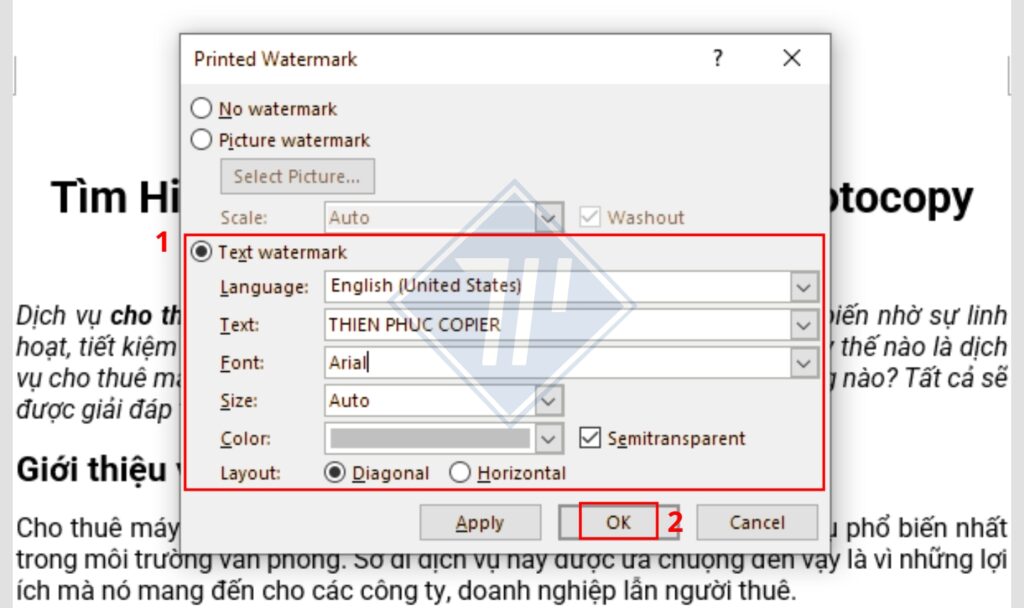 Chèn watermark trong Word dạng chữ