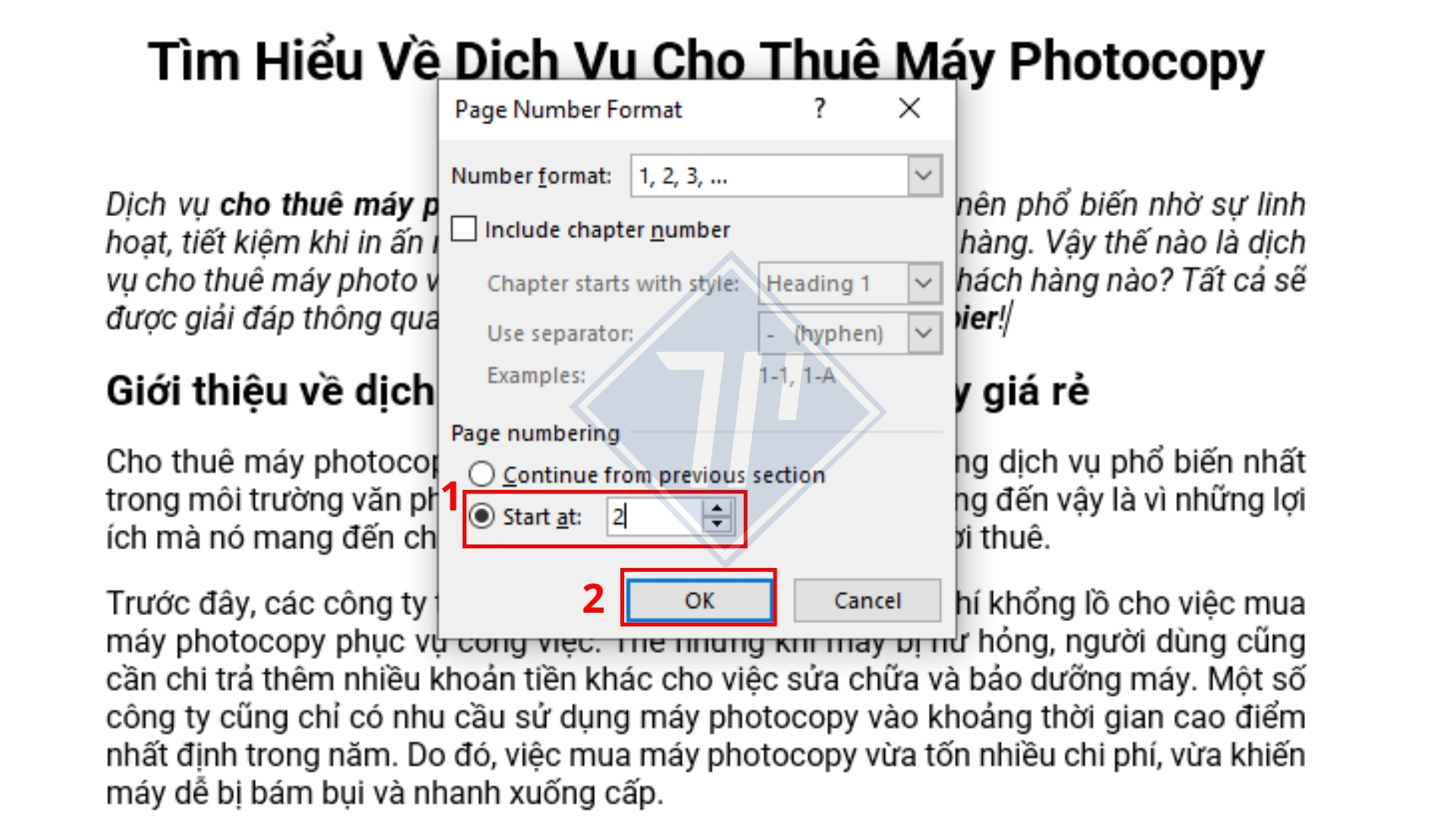 cách đánh số trang từ trang bất kỳ trong word