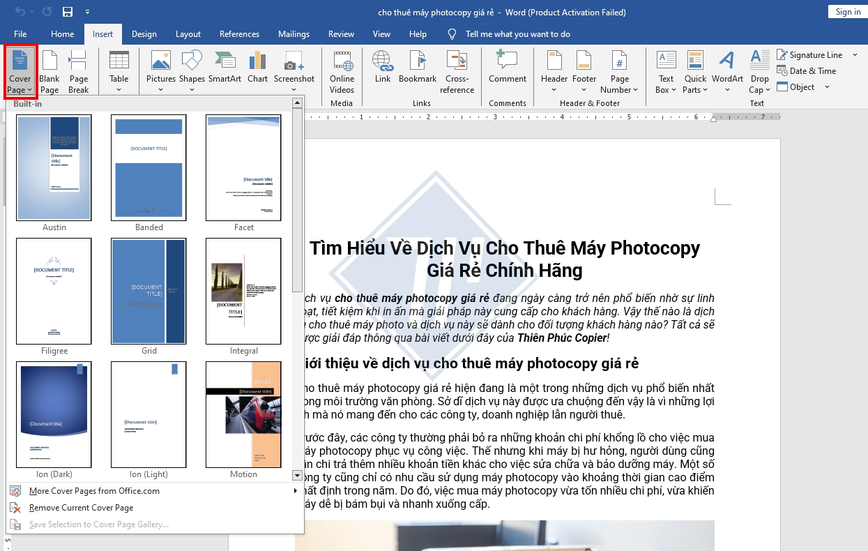 cách thêm trang đầu trong word
