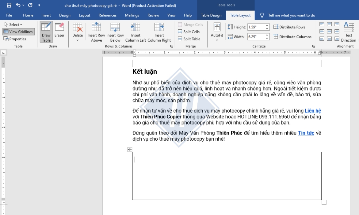 Cách tạo bảng trong Word dựa trên số hàng, số cột