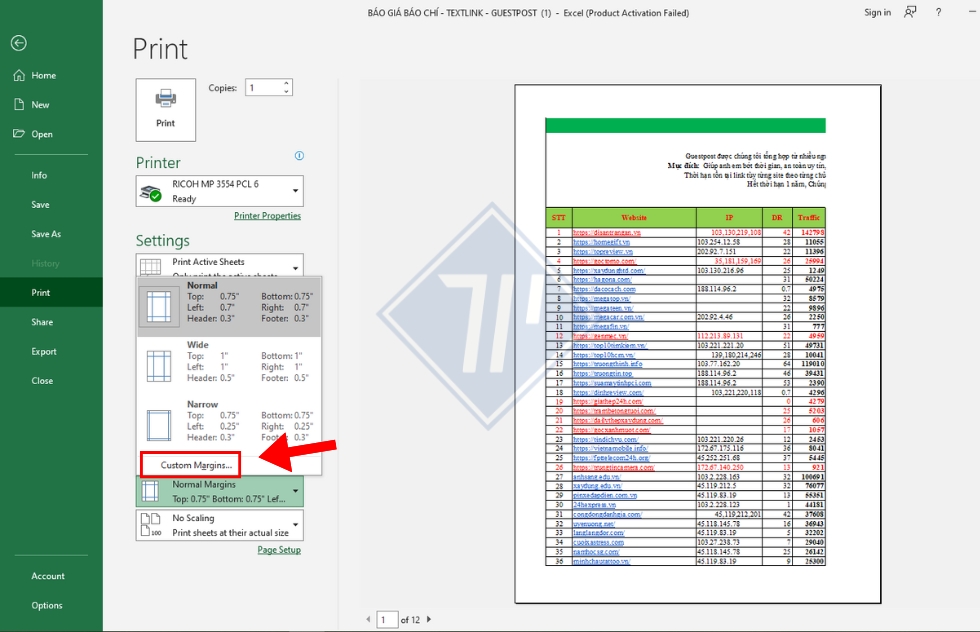 cách in vừa khít trang giấy trong excel 12