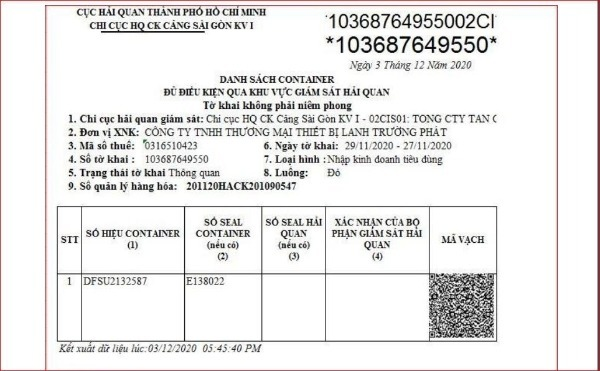 hướng dẫn in bảng kê mã vạch hải quan​