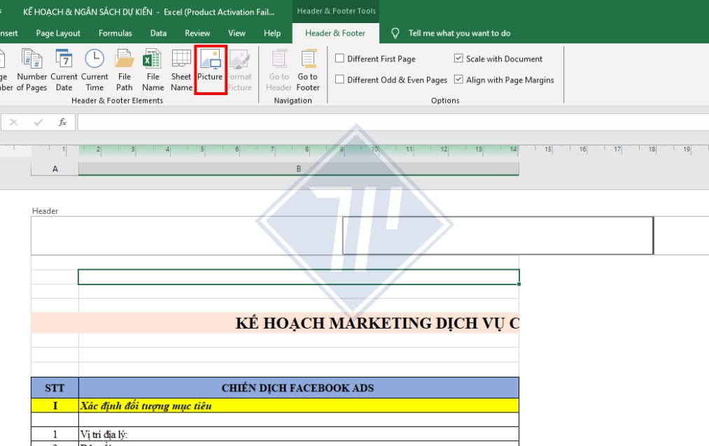 hướng dẫn cách chèn ảnh vào header trong excel