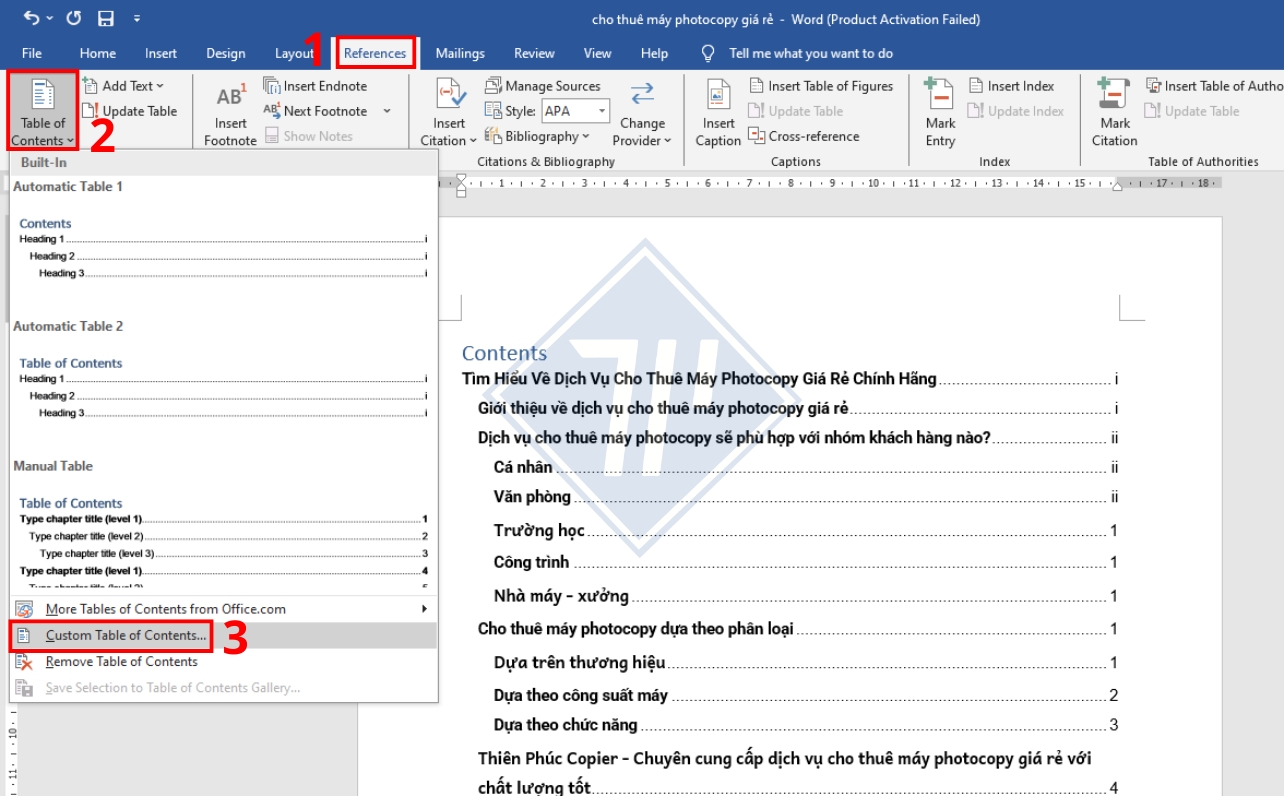 cách làm mục lục tự động trong word 2016