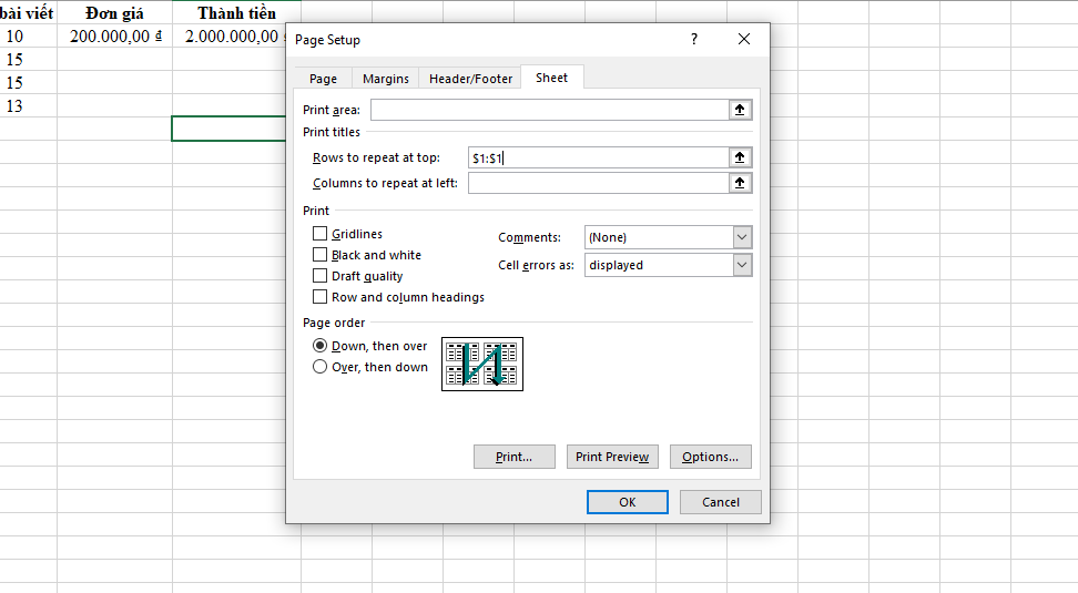 cách in lặp lại tiêu đề trong excel 2010​
