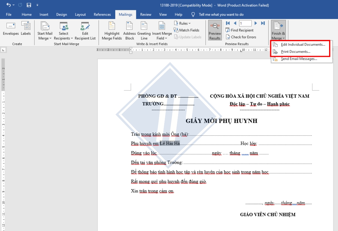 cách Mail Merge từ Excel sang Word